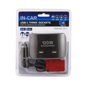 In-car Πολύπριζο αναπτήρα αυτοκινήτου 12V/24V 120W με 3 x παροχές/2 x USB – Socket charger NO.1511