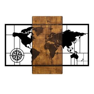Διακοσμητικό τοίχου World Map Megapap ξύλινο - μεταλλικό χρώμα καρυδί - μαύρο 85x3x58εκ.