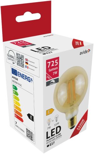 Avide LED Filament Κοινή G95 7W E27 360° Θερμό 2500K Ντιμαριζόμενο/Κεχριμπάρι