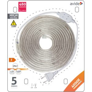 Avide LED Strip Blister 220V 4.8W SMD3528 60LED 4000K IP67 5m