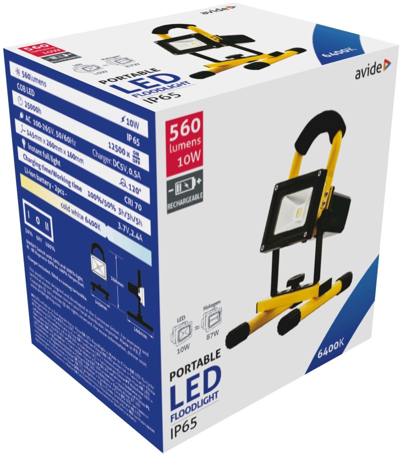 Avide LED Προβολέας Επαναφορτιζόμενος 10W Ψυχρό 6400K