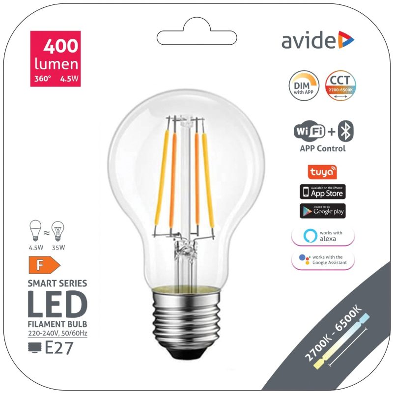 Avide LED Smart Filament Κοινή A60 4.5W CCT WIFI + BLE APP Control