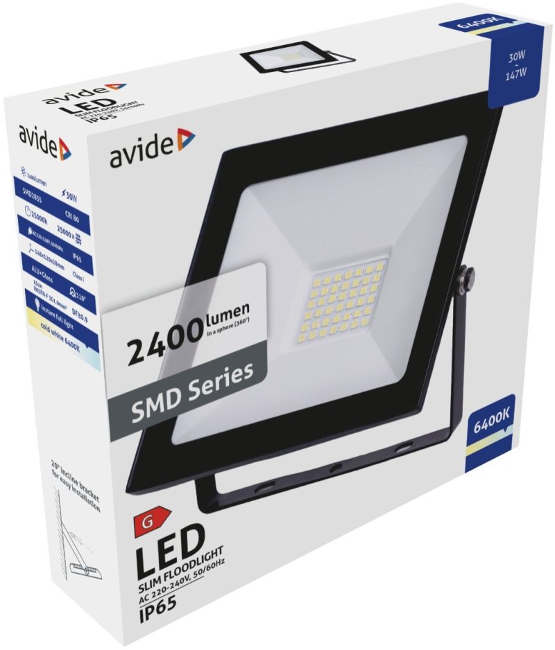 Avide LED Προβολέας Slim SMD  30W Ψυχρό 6400K Value