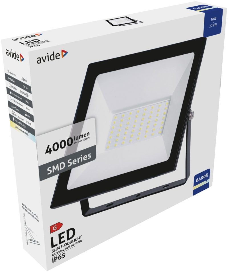 Avide LED Προβολέας Slim SMD  50W Ψυχρό 6400K Value