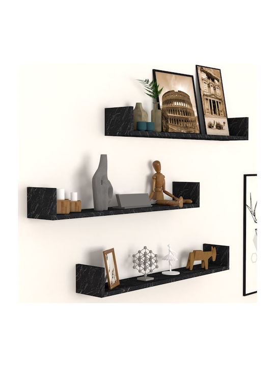 Ραφιέρα τοίχου Tyrion Megapap 3 τεμαχίων από μελαμίνη χρώμα μαύρο εφέ μαρμάρου 90x15x12εκ.