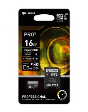 PLATINET microSDXC SECURE DIGITAL + ADAPTER SD 16GB class10 UIII 90MB/s [44001]