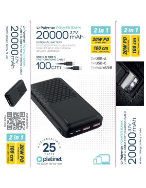 PLATINET POWER BANK 20000 mAh 20W PD/22,5 QC BLACK