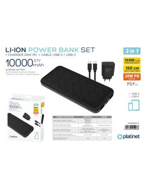 PLATINET POWER BANK SET 10000 MAH + 20W PD CHARGER + 1M CABLE BLACK