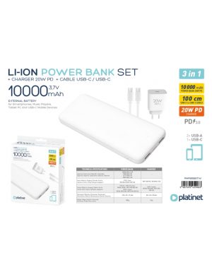 PLATINET POWER BANK SET 10000 MAH + 20W PD CHARGER + 1M CABLE WHITE