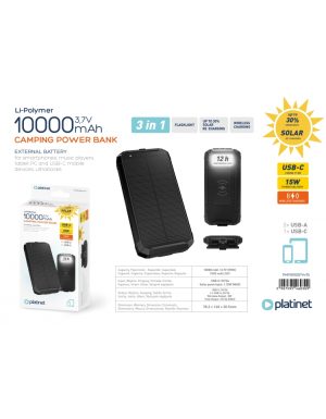 PLATINET POWERBANK SOLAR PANEL WIRELESS CHARGER 15W 2X USB-A +USB-C