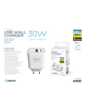 PLATINET WALL CHARGER 30W PD USB-C +USB-A WHITE
