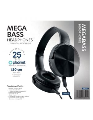PLATINET WIRED HEADPHONES MEGA BASS 1,5M JACK AND USB-C ADAPTER BLACK