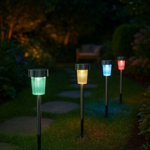 Αυτό το σετ περιλαμβάνει 10 ηλιακά φωτιστικά - στύλους τα οποία προσφέρουν εκπληκτικό φωτισμό και διακόσμηση στον κήπο ή στην βεράντα σου. Είναι το ιδανικό αξεσουάρ για να δημιουργήσεις μια μαγευτική ατμόσφαιρα στον εξωτερικό σου χώρο. Τα φωτιστικά φορτίζονται από τον ήλιο κατά τη διάρκεια της ημέρας και αυτόματα ανάβουν κατά τη διάρκεια της νύχτας. Είναι ενεργειακά αποδοτικά και φιλικά προς το περιβάλλον