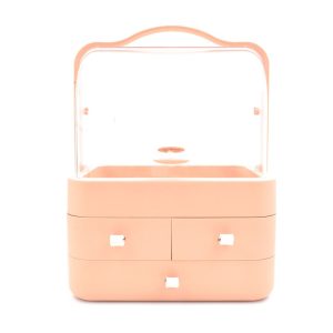 Κουτί αποθήκευσης και οργάνωσης καλλυντικών από πλαστικό με μια μεγάλη θήκη με άνοιγμα από δυο πλευρές και 3 μικρότερα συρταράκια σε χρώμα ροζ.