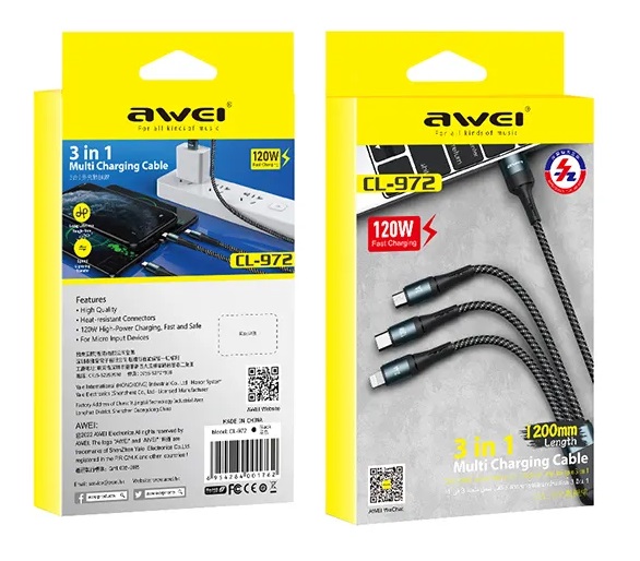Καλώδιο φόρτισης & data 3in1 - Fast Charge - CL-972 - 1.2m - AWEI - 888155 - Black - Image 2