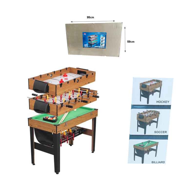 χόκει Το προιόν περιέχει τα ακόλουθα εξαρτήματα΄. -2 μπάλες ποδοσφαίρου -2 στέκες μπιλιάρδου -1 σετ μπάλες μπιλιάρδου -1κιμωλίες -1 τρίγωνο - -2 δίσκους χόκει -2 πιόνια χόκει