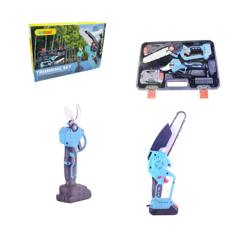 Πρακτικό σετ κλαδέματος που περιλαμβάνει ηλεκτρικό ψαλίδι και ηλεκτρικό αλυσοπρίονο