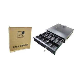 Μεταλλικό συρτάρι ταμειακής μηχανής με ανθεκτική κατασκευή και μηχανισμό αυτόματου ανοίγματος.