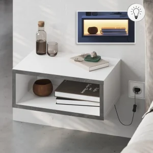 Κομοδίνο επιτοίχιο Brik Megapap με LED χρώμα λευκό - γκρι ρετρό 45x30x18εκ.