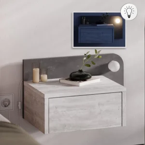 Κομοδίνο επιτοίχιο Dotta Megapap με LED χρώμα λευκό αντικέ - γκρι ρετρό 52x33,6x28εκ.
