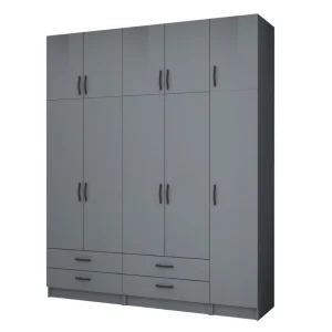 Ντουλάπα ρούχων Ricardo Megapap πεντάφυλλη με πατάρι και συρτάρια χρώμα ανθρακί 200x51,8x240εκ.