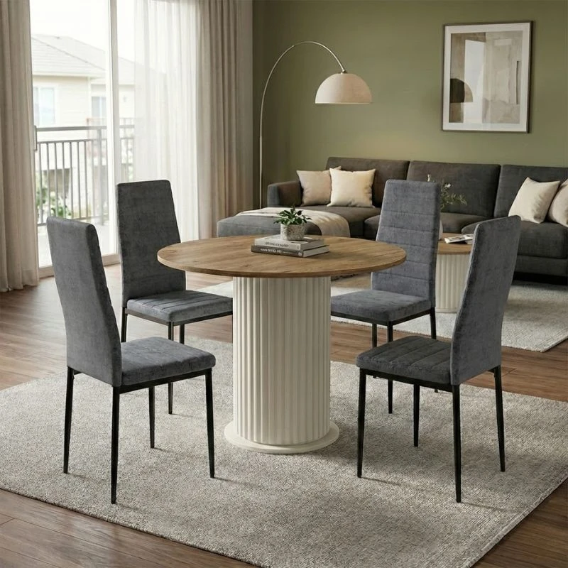 Σετ τραπεζαρία 5τμχ Bohema - Rosa Megapap χρώμα ivory/sepet oak - γκρι Ø90x77,7εκ.