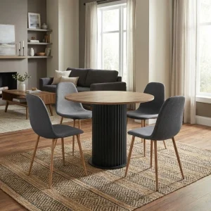 Σετ τραπεζαρία 5τμχ Bohema - Iris Megapap χρώμα μαύρο/sepet oak - γκρι/φυσικό πόδι Ø90x77,7εκ.