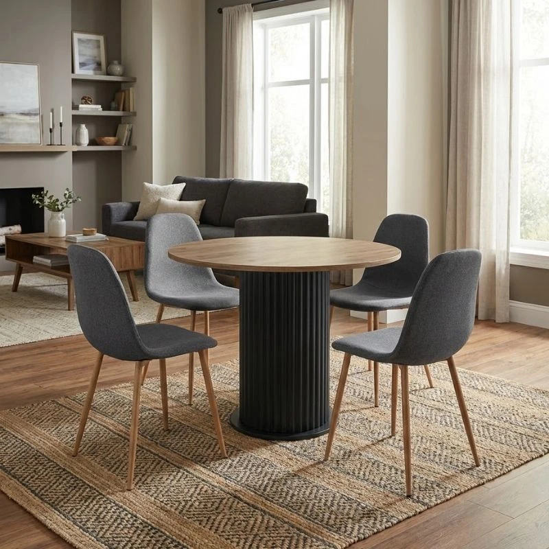 Σετ τραπεζαρία 5τμχ Bohema - Iris Megapap χρώμα μαύρο/sepet oak - γκρι/φυσικό πόδι Ø90x77,7εκ.