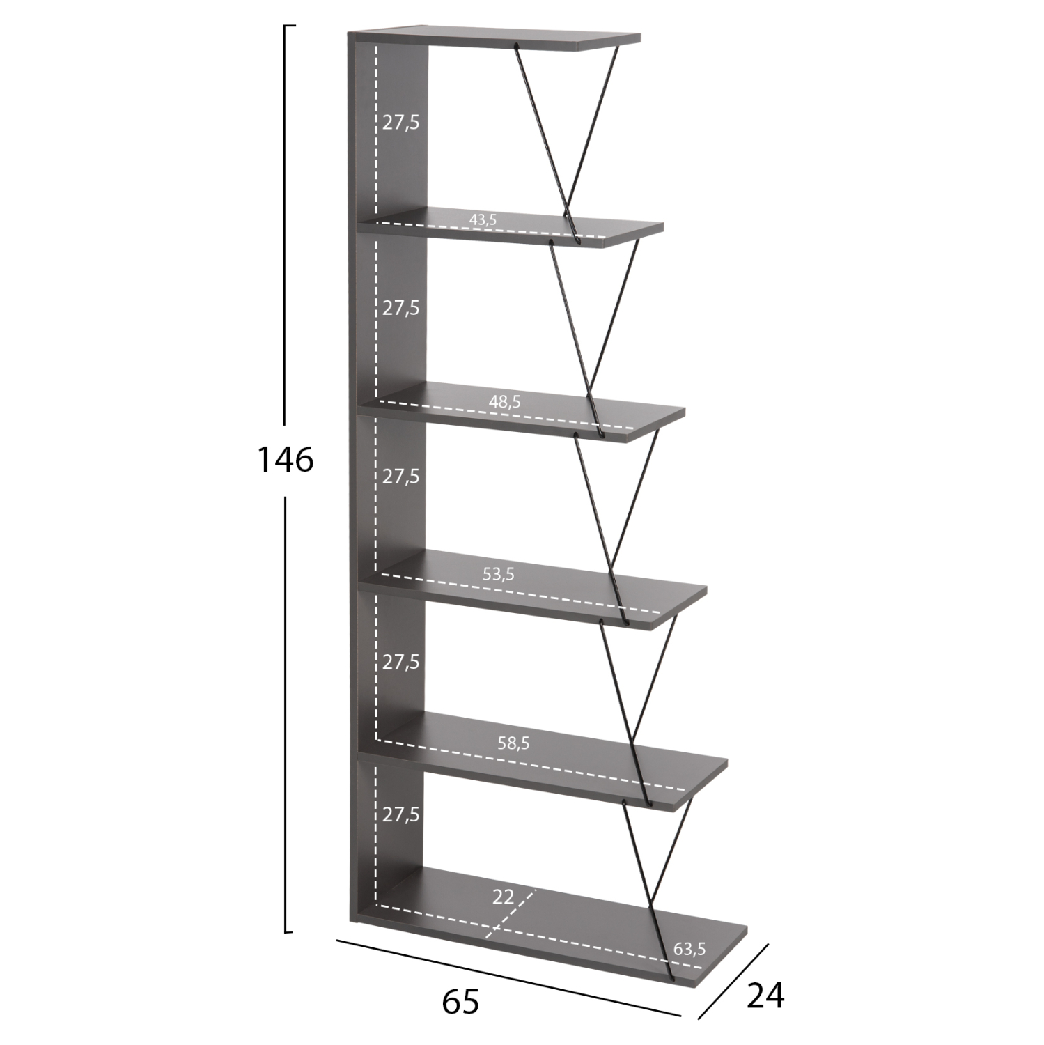 ΒΙΒΛΙΟΘΗΚΗ FB92241.20 ΓΚΡΙ ΜΕΛΑΜΙΝΗ-ΜΑΥΡΕΣ ΜΕΤΑΛ. ΒΕΡΓΕΣ 65x22-24x146Υεκ. - Image 2