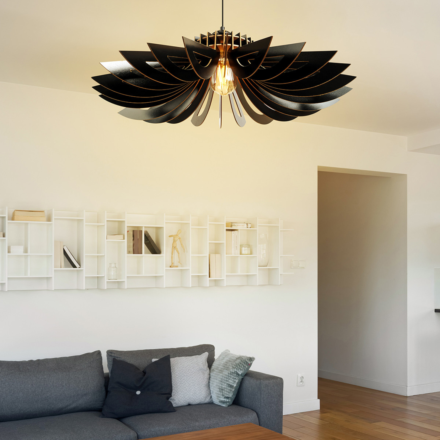 ΦΩΤΙΣΤΙΚΟ ΟΡΟΦΗΣ ΞΥΛΙΝΟ ΚΡΕΜΑΣΤΟ ΜΑΥΡΟ FB97348.03 Φ68x50Υ εκ. - Image 2