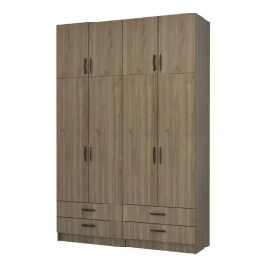 Ντουλάπα ρούχων Ricardo Megapap τετράφυλλη με πατάρι και συρτάρια χρώμα καρυδί 160x51,8x240εκ.