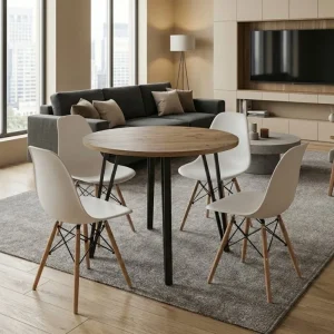 Σετ τραπεζαρία 5τμχ Xana - Nova Megapap χρώμα sepet oak - λευκό Ø90x77,7εκ.