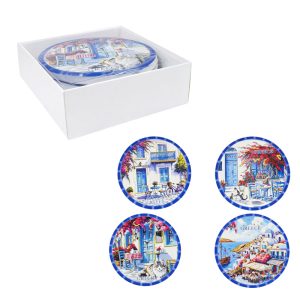 <p data-start="97" data-end="410">Πρακτικό και καλαίσθητο σετ 4 στρογγυλών σουβέρ με εντυπωσιακές παραστάσεις εμπνευσμένες από την ελληνική αρχιτεκτονική και τα νησιώτικα τοπία. Κάθε σουβέρ απεικονίζει χαρακτηριστικές εικόνες της Ελλάδας με μπλε και λευκά σπίτια