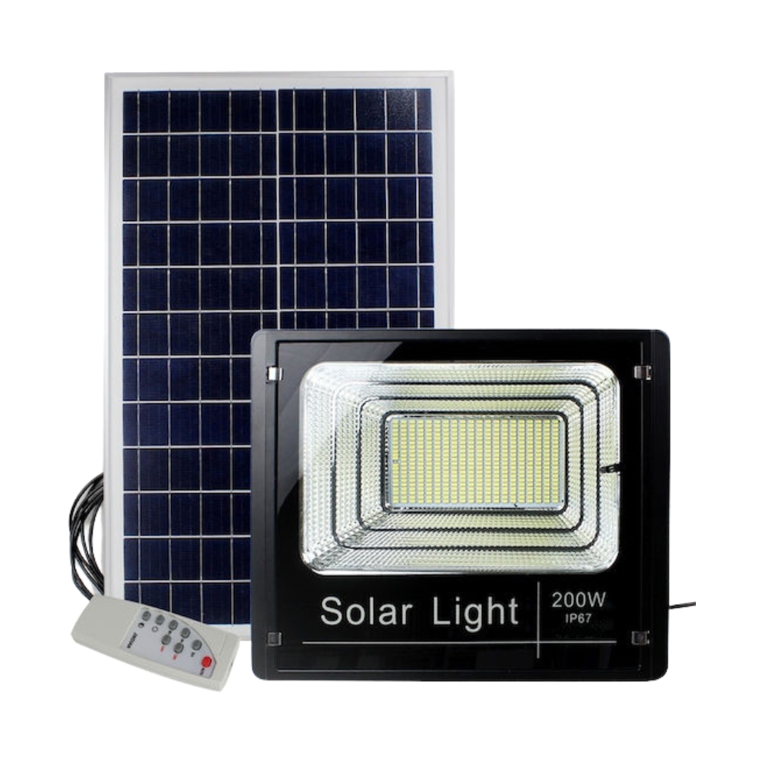 1+1 ΔΩΡΟ Στεγανός Ηλιακός Προβολέας LED 200W Ψυχρό Λευκό 6000k με Τηλεχειριστήριο IP67 - Image 2