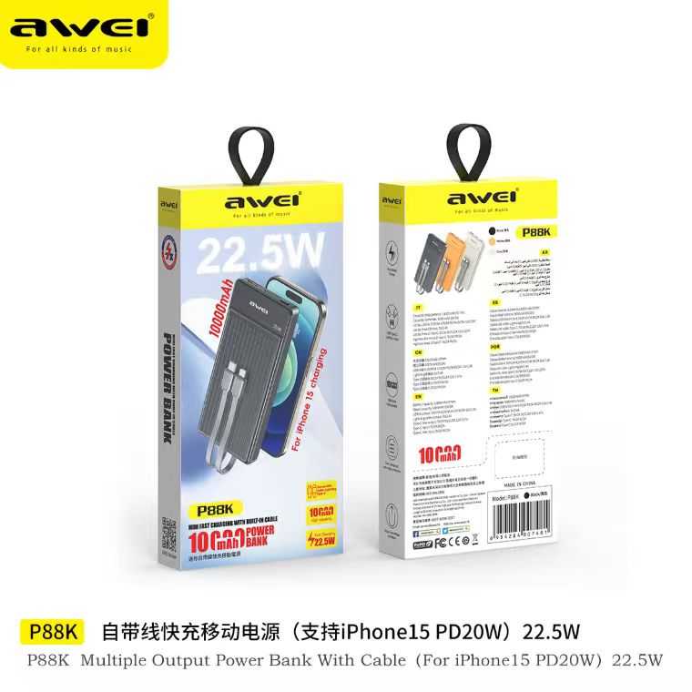 Powerbank - 2in1 - Type-C & Lightning - P88K - 10.000mah - 22.5W - AWEI - 007481 - Black - Image 3