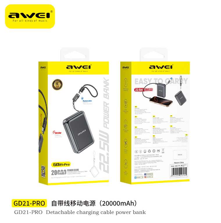 Powerbank με αποσπώμενο καλώδιο Type-C - GD21-Pro - 20.000mah - 22.5W - AWEI - 026185 - Image 2
