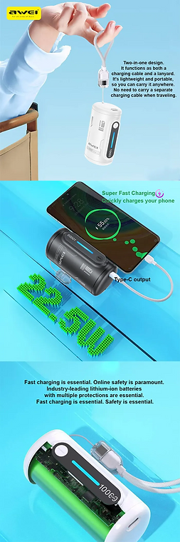 Powerbank με αποσπώμενο καλώδιο - WP-117 - 10.000mah - 22.5W - AWEI - 026482 - Black - Image 2