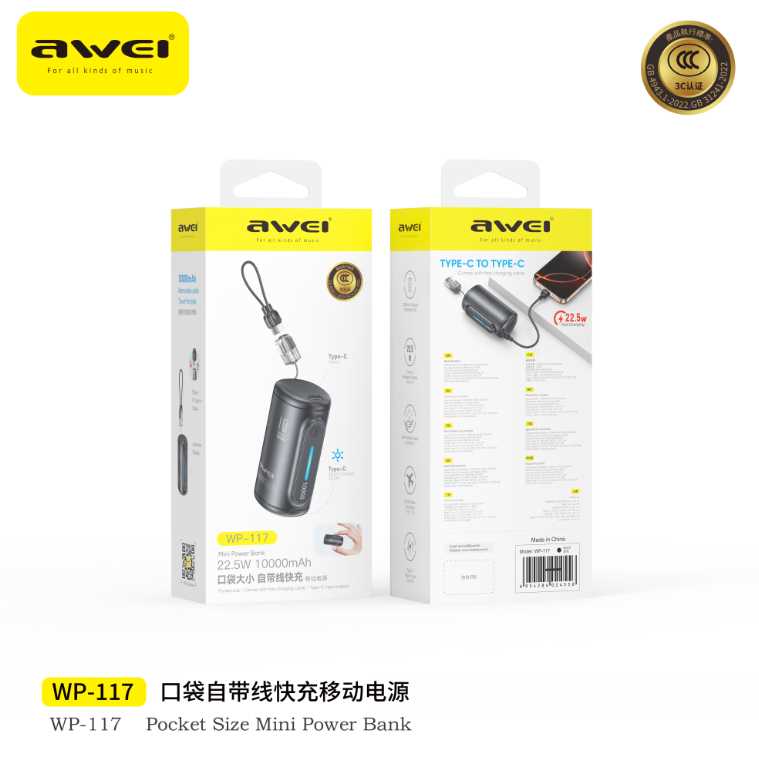 Powerbank με αποσπώμενο καλώδιο - WP-117 - 10.000mah - 22.5W - AWEI - 026482 - Black - Image 3