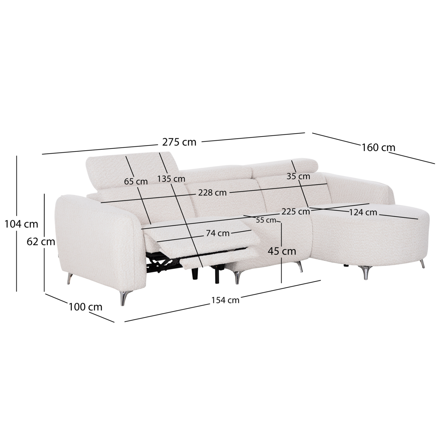 ΚΑΝΑΠΕΣ ΔΕΞΙΑ ΓΩΝΙΑ 3Θ ΜΕ RECLINE FB93317.02R ΜΠΕΖ ΥΦΑΣΜΑ 275x160x104Yεκ - Image 2