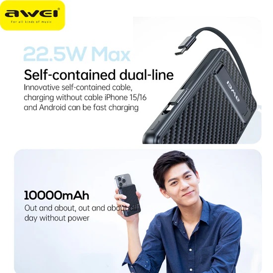 Μαγνητικό Powerbank ασύρματης φόρτισης με 2 καλώδια - PA-25 - 10.000mah - 22.5W - AWEI - 023726 - Image 3