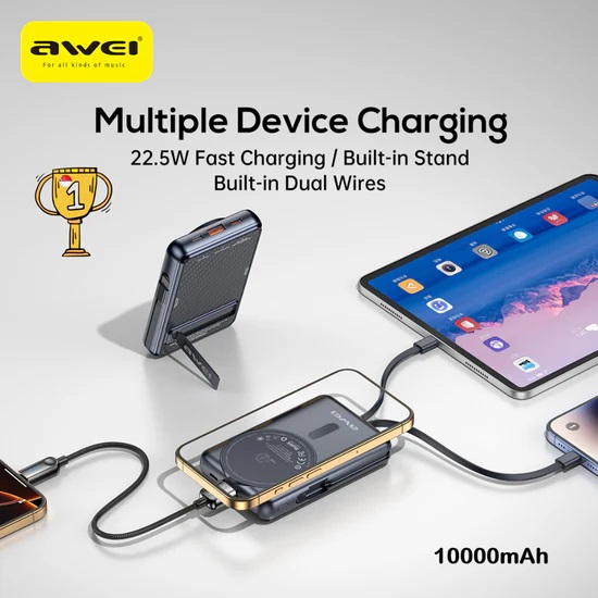 Μαγνητικό Powerbank ασύρματης φόρτισης με 2 καλώδια - PA-25 - 10.000mah - 22.5W - AWEI - 023726 - Image 4