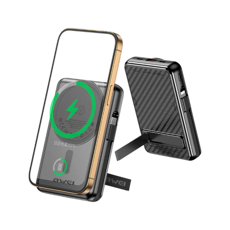 Μαγνητικό Powerbank ασύρματης φόρτισης με 2 καλώδια - PA-25 - 10.000mah - 22.5W - AWEI - 023726