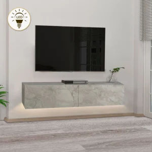 Έπιπλο τηλεόρασης επιτοίχιο Aristo Megapap με LED χρώμα λευκό εφέ μαρμάρου 135x31,6x25εκ.
