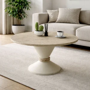 Τραπεζάκι σαλονιού Lepper Megapap χρώμα travertine - sandstone Ø75x39,8εκ.