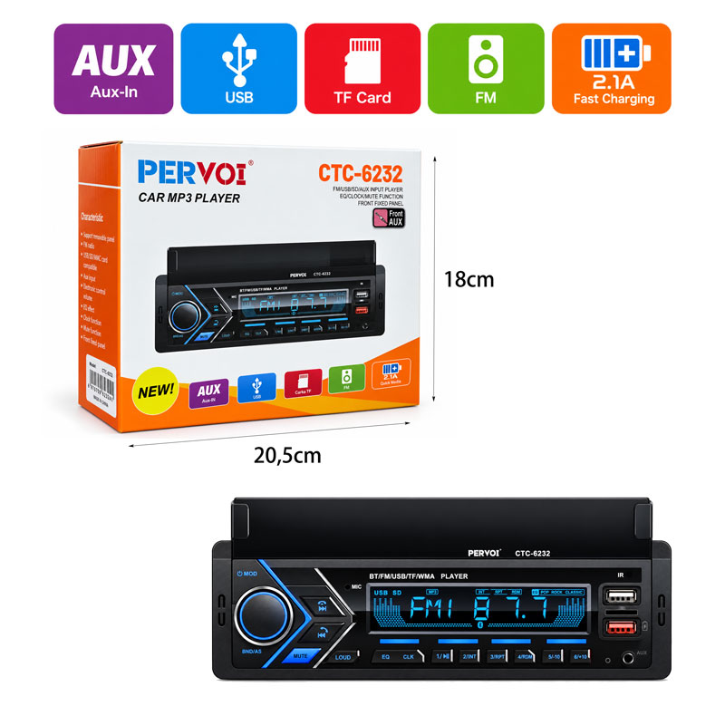 Το Pervoi CTC-6232 είναι ένα ηχοσύστημα αυτοκινήτου με υποστήριξη Bluetooth για ασύρματη σύνδεση με κινητό τηλέφωνο και πραγματοποίηση κλήσεων μέσω του ενσωματωμένου μικροφώνου.